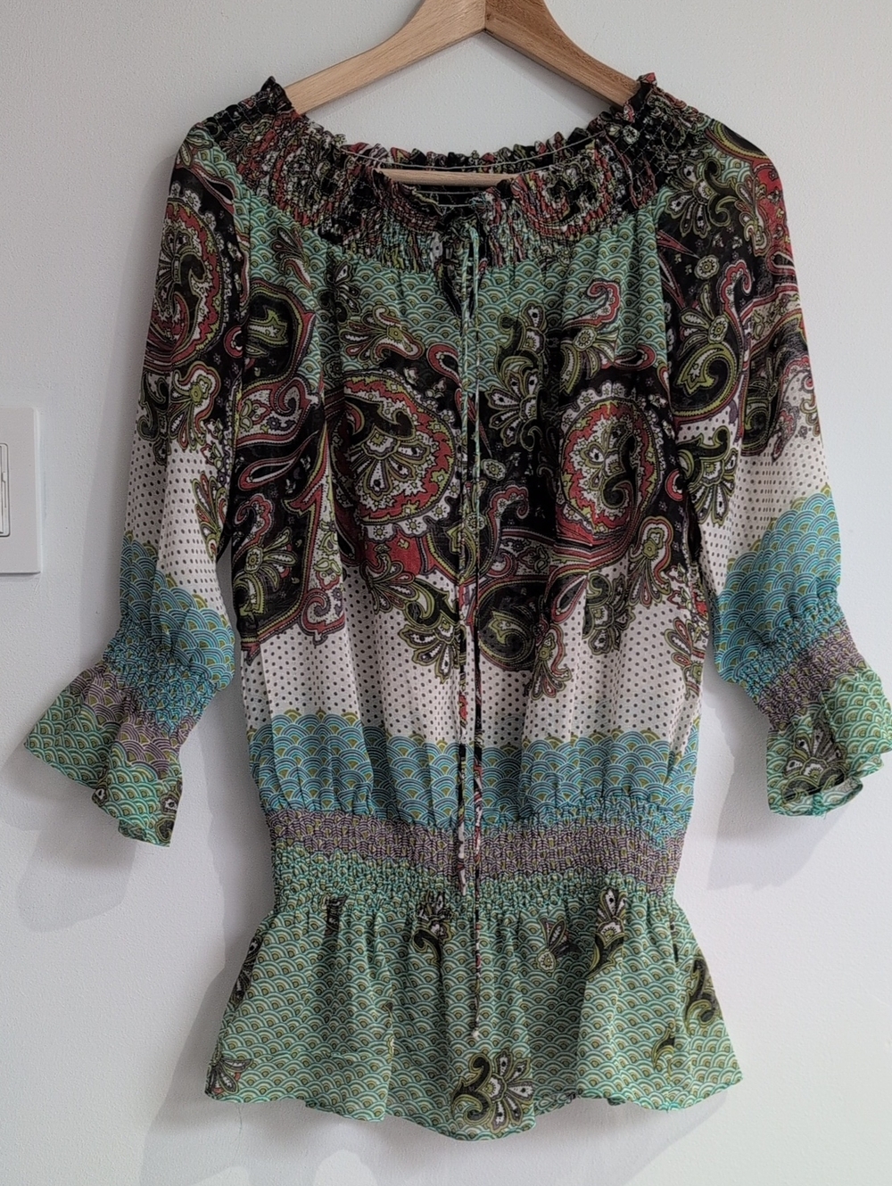 Verty Off The Shoulder Green and Multi Paisley Sheer Peasant Blouse Size Small